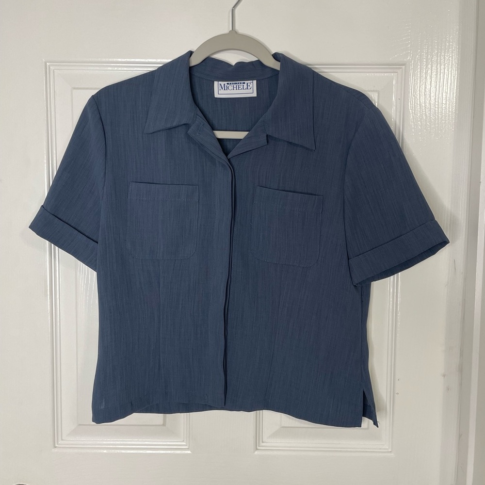 Dusty Blue Cropped Button Up Blouse | Michele Petites